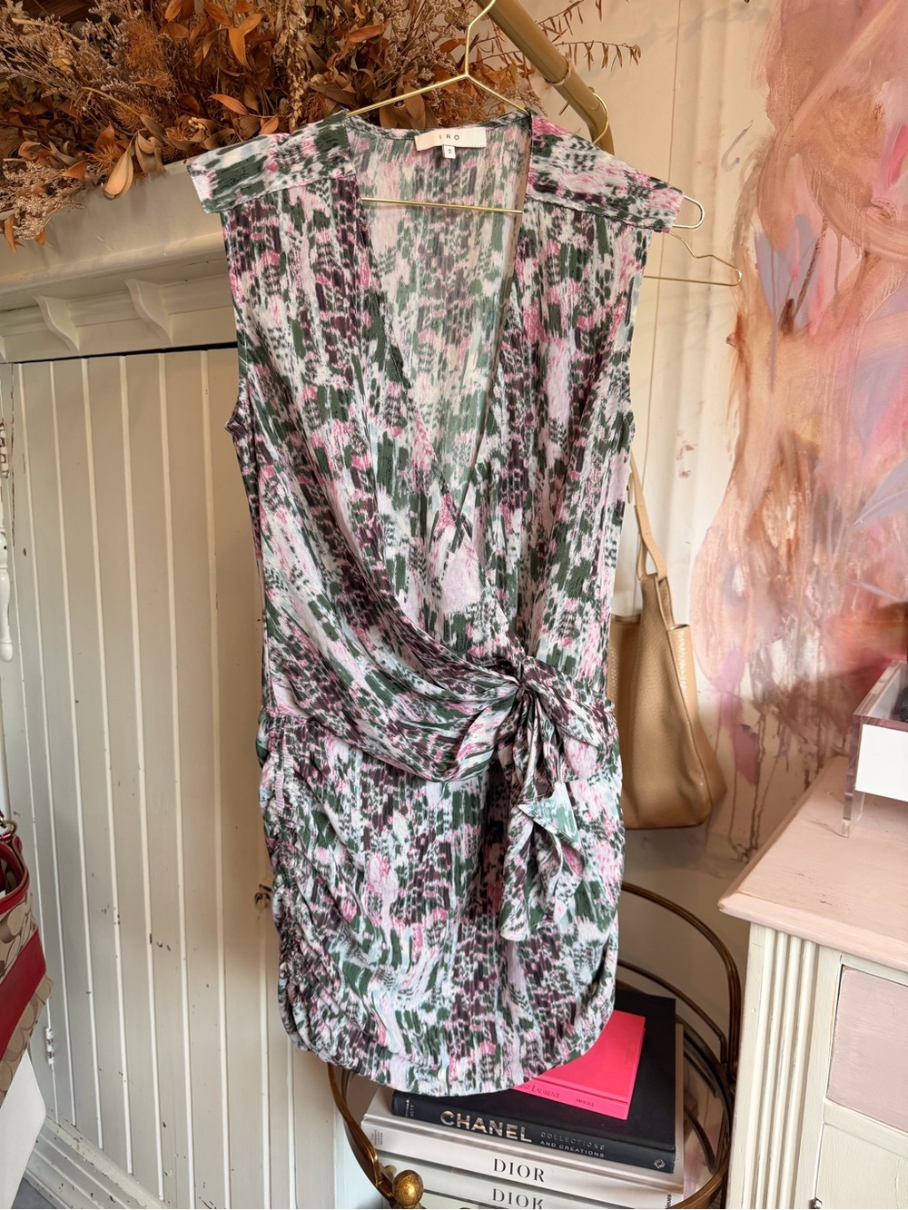 IRO Pink & Green Sleeveless Wrap Midi Dress